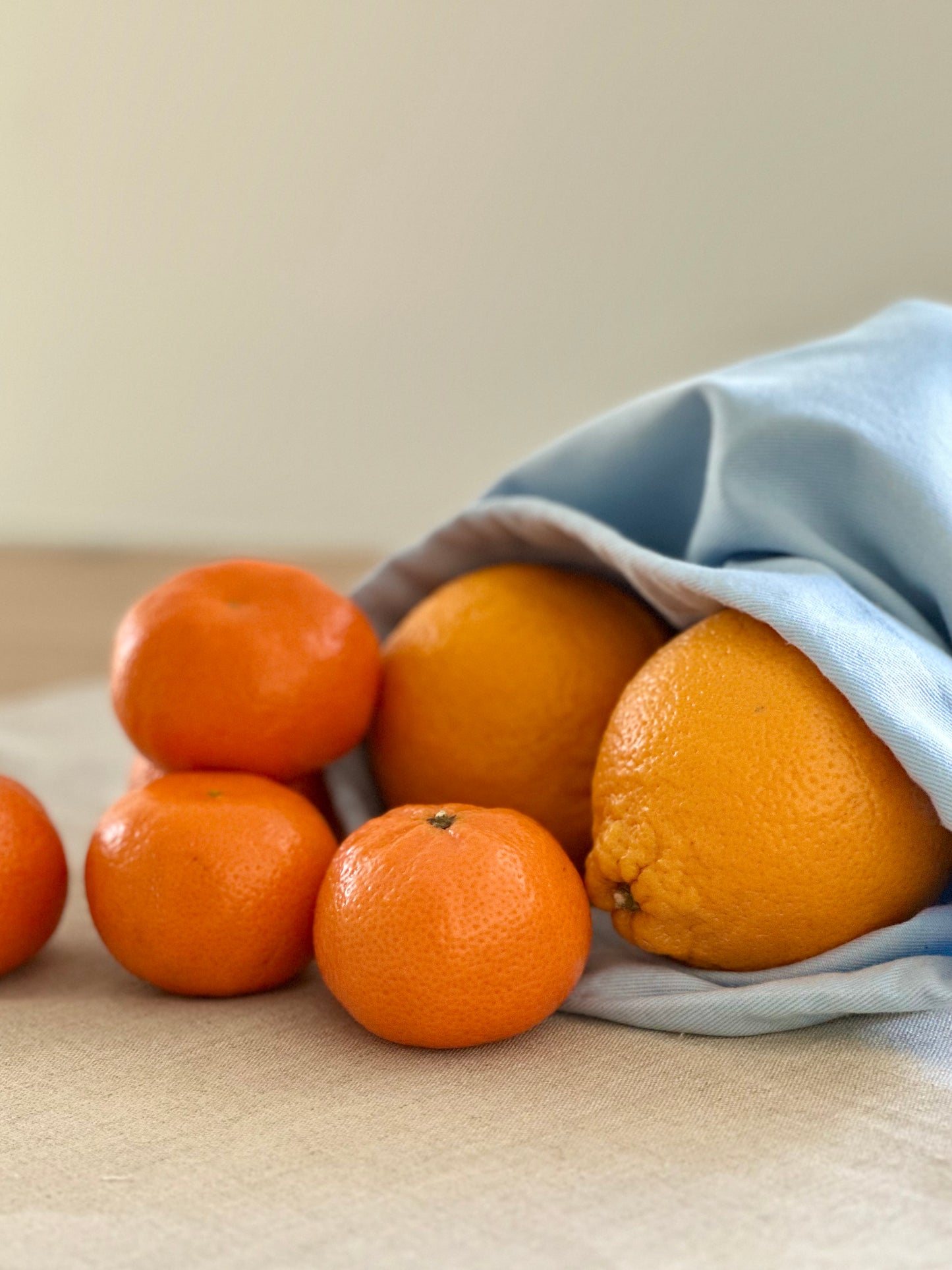 Oranges and tangerines on a light surface fallen out of the light blue cotton reusable grocery bag Kolo
echi