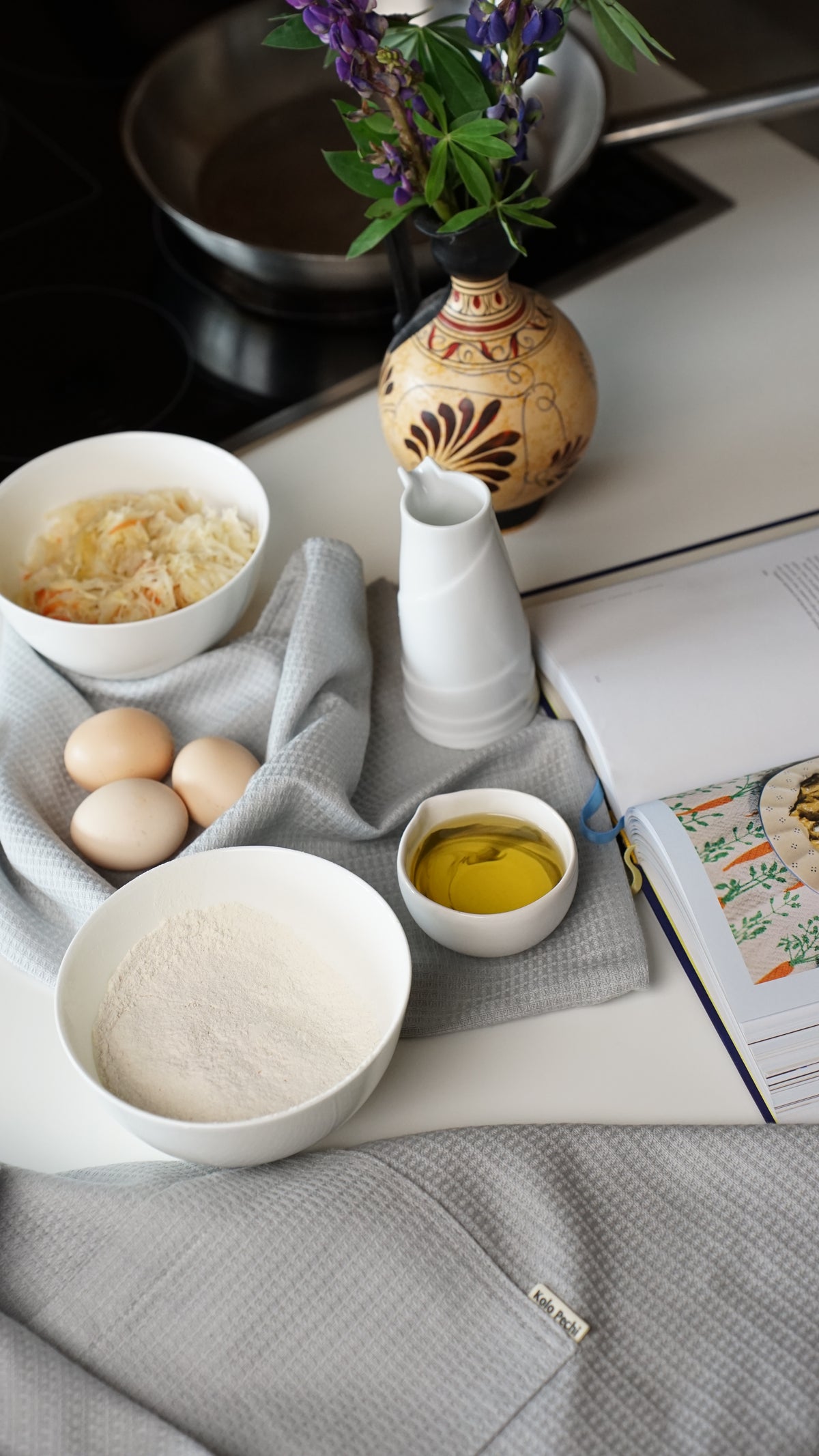 Kitchen Textile Set "Lviv Sky" — Apron, Oven Mitt, Pot Holder, Towel & Bag