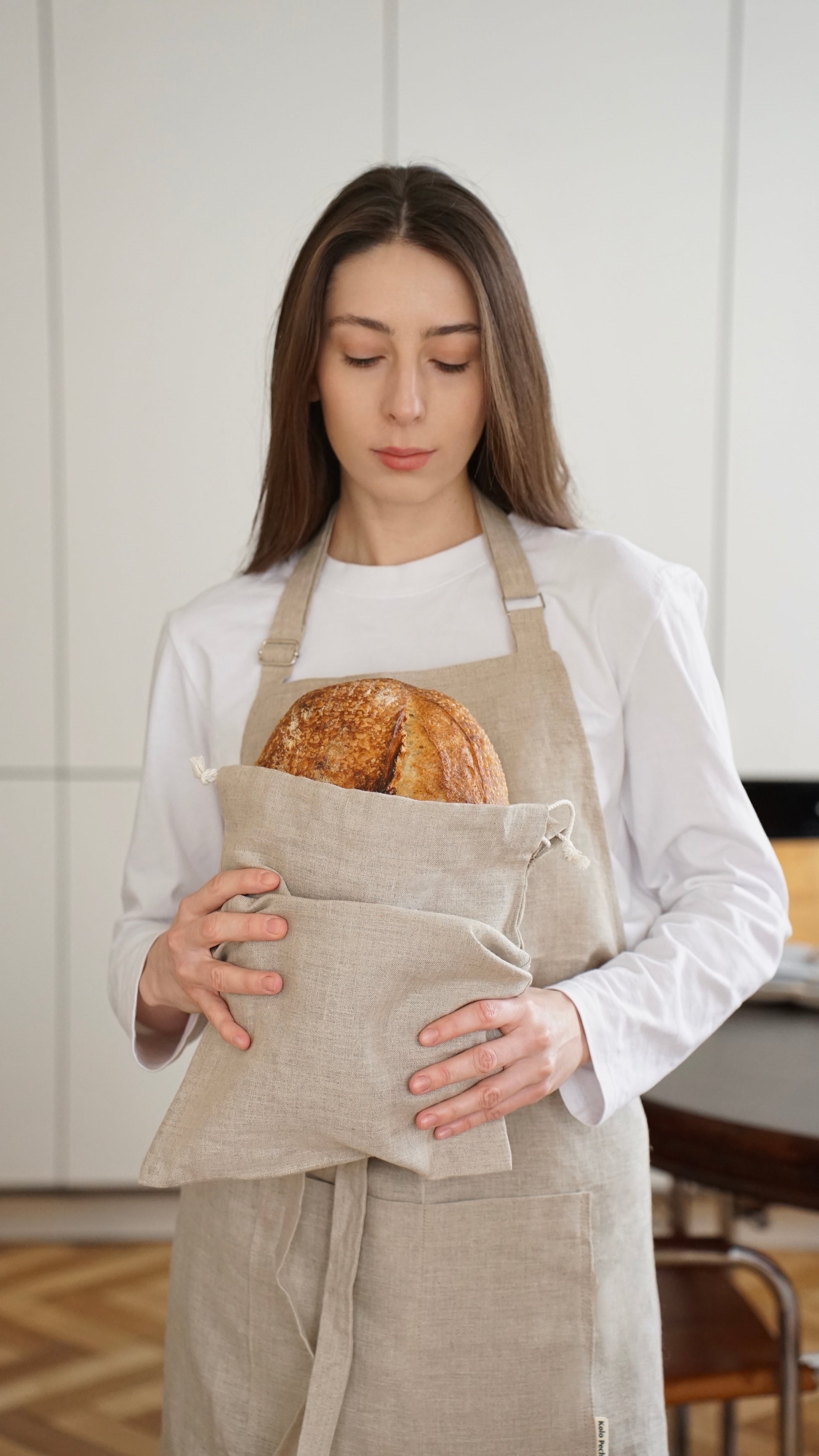 Linen bib apron with adjustable neck and waist ties — Polissia collection by Kolo Pechi
