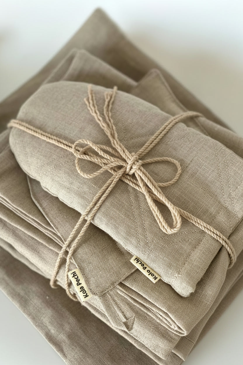 Linen kitchen textile set — apron, towel, mitt, pot holder and bread bag — Polissia collection by Kolo Pechi