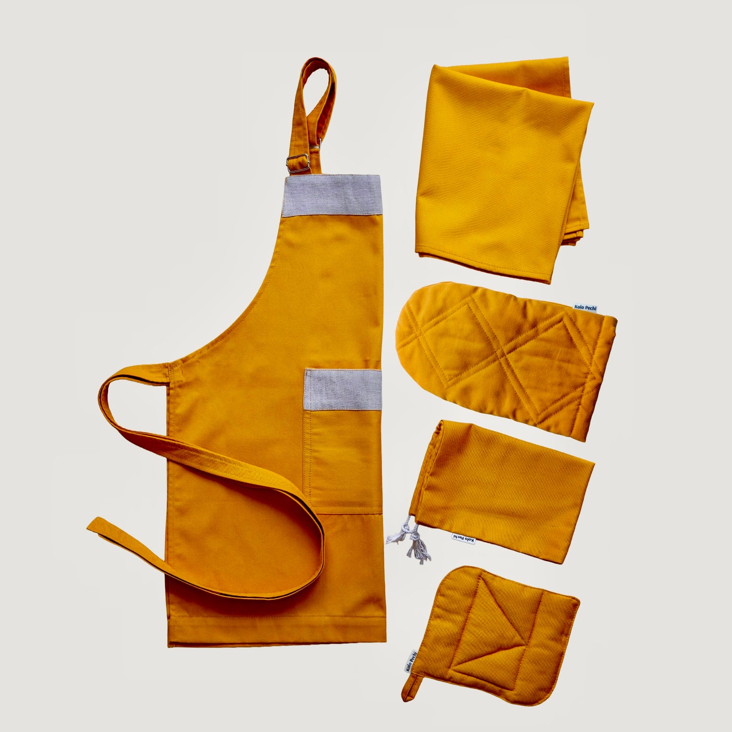 Kitchen Textile Set "Sunset" — full set: apron, oven mitt, pot holder, towel & bag, handcrafted in Ukraine, Kolo Pechi
